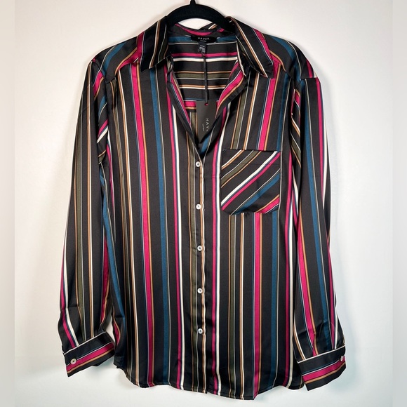 NWT HAVER LONDON Satin Striped V neck Button Up LS Shirt WEAR UNTIED/TIED XS - Picture 9 of 16